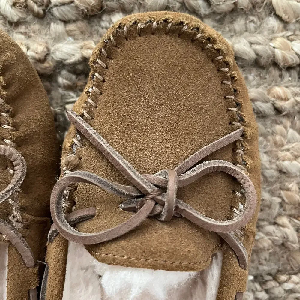 UGG Kids Suede Moccasin Slippers Brown Shearling Lined Shoes Size 1 EUC
